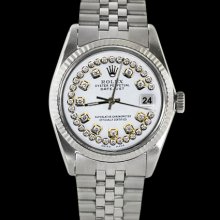 Rolex men datejust watch fluted bezel white string diamond dial SS jubilee