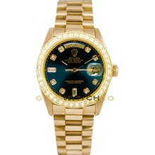 Rolex Mens 18K Yellow Gold President Day Date Model 18038 Custom Added Blue Diamond Dial & 2Ct Diamond Bezel