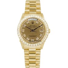 Rolex Mens 18K Yellow Gold President Day Date Model 18038 Custom Champagne String Diamond Dial With A Custom Added 2CT. Diamond Bezel