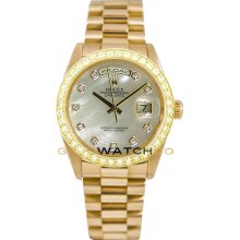 Rolex Mens 18K Yellow Gold President Day Date Model 18038 Custom Added Mother Of Pearl Diamond Dial & 2Ct Diamond Bezel