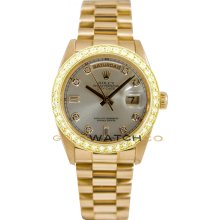 Rolex Mens 18K Yellow Gold President Day Date Model 18038 Custom Added Silver Diamond Dial & 2Ct Diamond Bezel