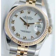 Rolex Mens Datejust Ss&18k 116233 White Roman Dial Watchchest