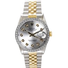 Rolex Men's Datejust Two Tone Custom Diamond Bezel & Silver Diamond Dial