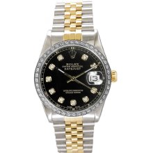 Rolex Men's Datejust Two Tone Custom Diamond Bezel & Black Diamond Dial