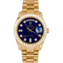 Rolex Mens New Style Heavy Band President Day Date Model 118238 Custom Added Blue Diamond Dial & 2CT Diamond Bezel