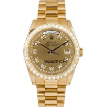 Rolex Mens New Style Heavy Band President Day Date Model 118238 Custom Added Champagne String Diamond Dial & A Custom Added 2Ct Diamond Bezel