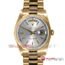 Rolex Men's President 18K Yellow Gold Day Date w/ Silver Stick Dial