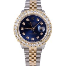 Rolex Mens Stainless Steel & 18K Gold Datejust Model 16233 Jubilee Band Custom Added Blue Diamond Dial & 3.5Ct Diamond Bezel