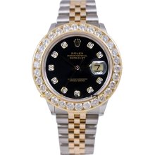 Rolex Mens Stainless Steel & 18K Gold Datejust Model 16233 Jubilee Band Custom Added Black Diamond Dial & 3.5Ct Diamond Bezel