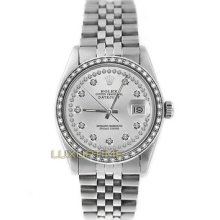 Rolex Mens Watch Ss Datejust 16014 Silver String Diamond Dial 1ct Diamond Bezel