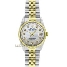 Rolex Mens Watch Ss & Gold Datejust 16013 Mop String Diamond Dial 18k Gold Bezel
