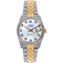 Rolex Women's Datejust Midsize Two Tone Custom Diamond Bezel Mother of Pearl Dial