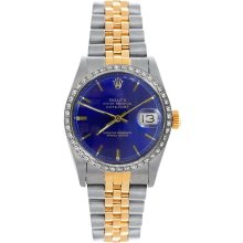 Rolex Women's Datejust Midsize Two Tone Custom Diamond Bezel Blue Index Dial