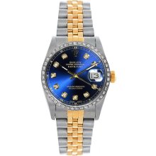 Rolex Women's Datejust Midsize Two Tone Custom Diamond Bezel Blue Diamond Dial