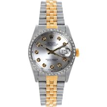 Rolex Women's Datejust Midsize Two Tone Custom Diamond Bezel Silver Diamond Dial