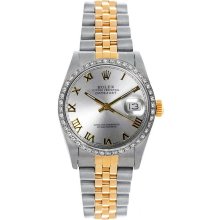 Rolex Women's Datejust Midsize Two Tone Custom Diamond Bezel Silver Roman Dial