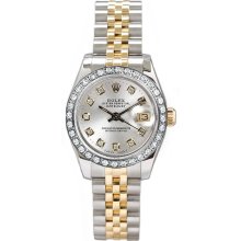 Rolex Women's Datejust Two Tone Custom Diamond Bezel & Silver Diamond Dial