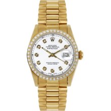 Rolex Women's President Midsize Custom Diamond Bezel White Diamond Dial