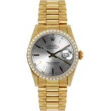 Rolex Women's President Midsize Custom Diamond Bezel Silver Index Dial