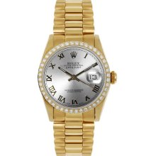 Rolex Women's President Midsize Custom Diamond Bezel Silver Roman Dial