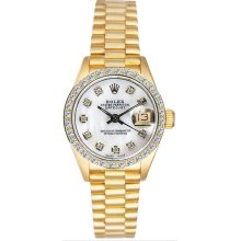 Rolex Women's President Yellow Gold Custom Diamond Bezel & Mother of Pearl Diamond Dial