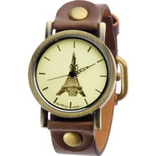 Round Dial Brown Leather Strap Analog Watch for Women - Brown - Metal
