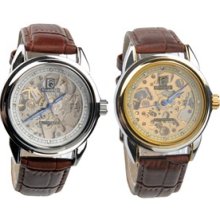 Round Steel Case Men's Mechanical Wrist Watch Rhinestone Scale Leather
