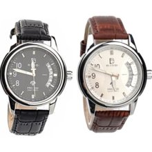 Round Steel Case Men's Mechanical Wrist Watch Date PU Leather Band Rou