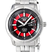 Seiko 5 Black And Red Dial Stainless Steel Mens Watch SRP339
