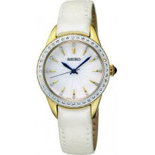 Seiko Ladies Gold Tone Stainless Steel Case Leather Strap White Dial Crystals SRZ386P2