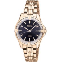 Seiko Ladies Solar Gold Tone Stainless Steel Case and Bracelet Black Dial Diamonds SUT078