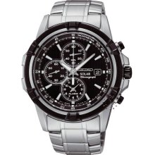 Seiko Ladies Stainless Steel Case and Bracelet Black Tone Dial Date Display Solar Alarm Chronograph SSC147