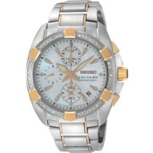 Seiko Ladies Two Tone Velatura Mother of Pearl Quartz Chronograph Diamonds SNDZ38