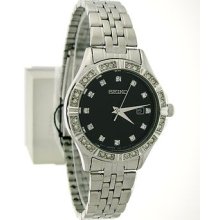 Seiko Lady's Swarovski Crystal And Stainless Steel Black Dial Watch Sxdf09
