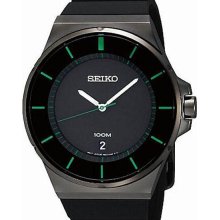 Seiko Men's Black Stainless Steel Case Rubber Strap Black Dial Date Display Green Hour Markers SGEG23