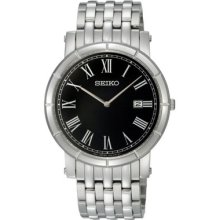 Seiko Mens Bracelet Watch Round Black Dial Date Stainless Steel Skp363