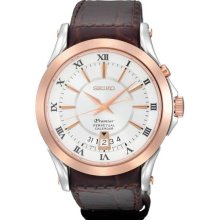 Seiko Men's Premier Perpetual Calendar Rose Gold Tone Case White Dial Brown Leather Strap Date Display SNQ126