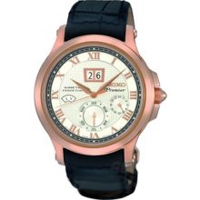 Seiko Men's Rose Gold Tone Stainless Steel Case Kinetic Perpetual Premier Black Leather Strap SNP050