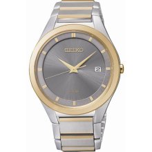 Seiko Men's Solar Two Tone Stainless Steel Case and Bracelet Gray Dial Date Display SNE242