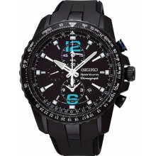 Seiko Men's Sportura Chronograph Stainless Steel Case Black Dial Rubber Strap Alarm SNAF25