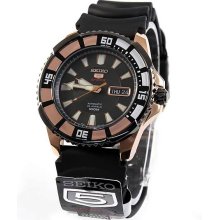 Seiko Men's Stainless Steel Seiko 5 Sports Automatic Black Dial Day Date Rose Gold Tone Bezel SRP210