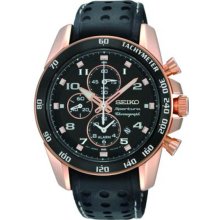 Seiko Men's Stainless Steel Rose Gold Sportura Alarm Chronograph Black Dial Leather Strap SNAE80