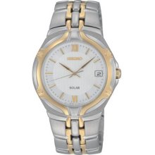 Seiko Men's Two Tone Stainless Steel Solar Quartz Link Bracelet White wDial SNE170