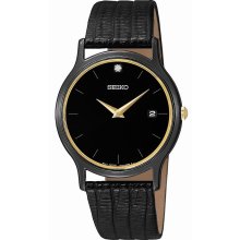 Seiko Men's Watch w Leather Strap and Single-Diamond Black Dial