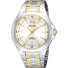 Seiko Pulsar $145 Mens Two-tone Silver & Gold Big Giant Date Dress Watch Pq5003