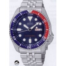 Seiko Silvertone Automatic Dive Watch W/ Blue Dial & Red Trim