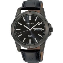 Seiko SNE097 Men's Black Ion Plated Steel Leather Band Solar Powered Date Watch