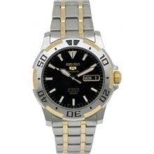 Seiko Snzj44 Mens Two Tone Stainless Stee Seiko 5 Black Dial Automatic Link Bracelet Watch