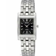 Seiko Solar Ladies Watch - Black Rectangular Dial - Stainless Steel Design