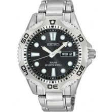 Seiko Solar Powered Wr 200m Black Dial Divers Watch Sne107p1